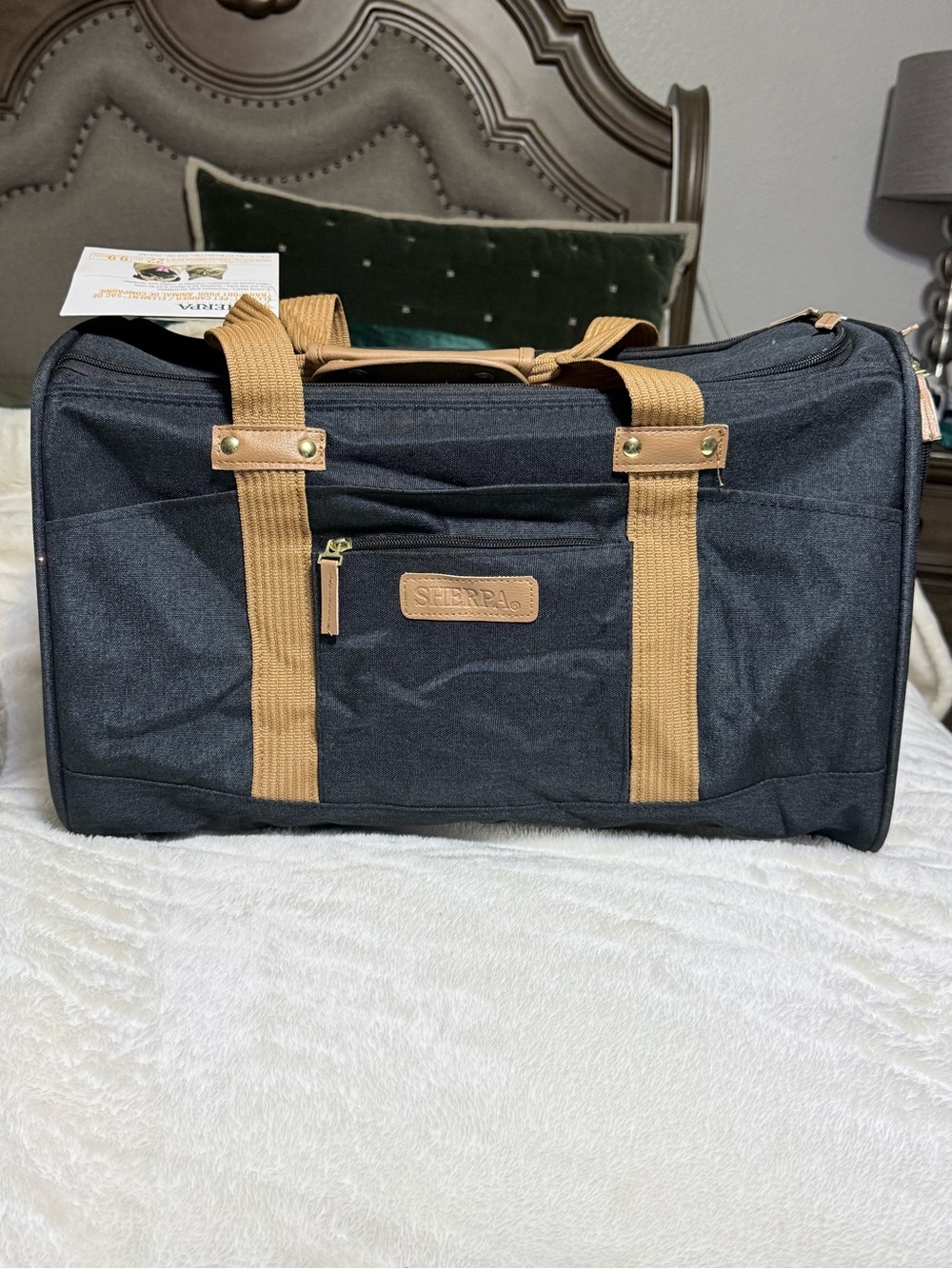 Black Sherpa Travel Pet Carrier with Tan Straps